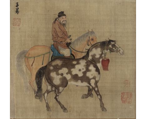 A SILK PAINTING OF BO LE WITH HORSES, AFTER ZHAO MENGFU (1254-1322)China, Qing dynasty, 18th-19th century or earlier. Ink and