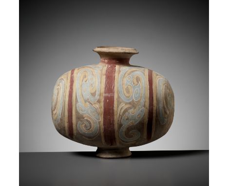 AN ABSTRACTLY PAINTED POTTERY COCOON JAR, HAN DYNASTYChina, 202 BC-220 AD. The rounded oblong body supported on a short pedes