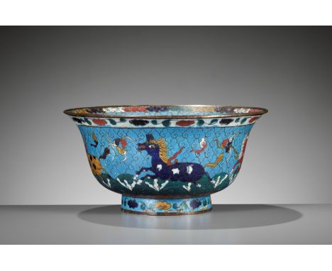 A CLOISONNE ENAMEL 'EIGHT HORSES OF MUWANG' BOWL, QING DYNASTYChina, 19th century. The steep rounded sides rising from a spla