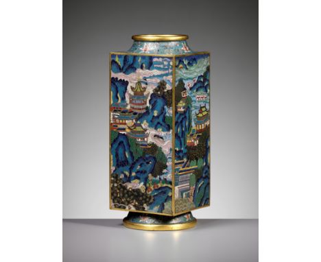 A CLOISONNE 'LANDSCAPE' VASE, CONG, LATE QING TO REPUBLICChina, 1850-1950 or earlier. The square-sectioned body rising from a