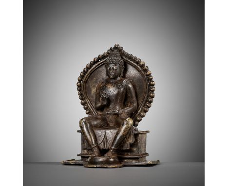 A BRONZE FIGURE OF BUDDHA ON A THRONEJava, 14th-15th century or somewhat later. Heavily cast as Buddha seated on a rectangula