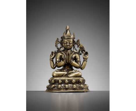 A BRONZE FIGURE OF SHADAKSHARI LOKESHVARA, PALA PERIODNortheastern India, 10th – 13th century. Seated in vajrasana on a doubl