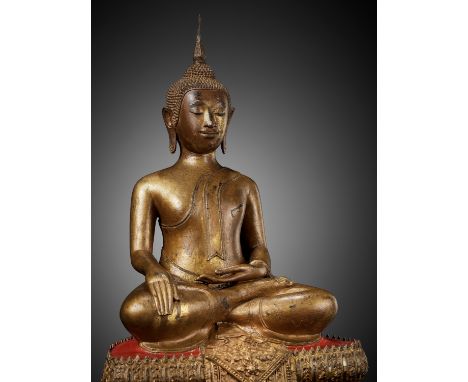 A LARGE LACQUER-GILT BRONZE FIGURE OF BUDDHA SHAKYAMUNI, RATTANAKOSIN KINGDOMThailand, 18th-19th century. Seated in virasana 