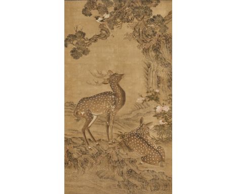 'DEER AND PINE', 17TH-18TH CENTURY OR EARLIERChina. Ink and watercolor on silk. Depicting two deer, one resting below a rose 