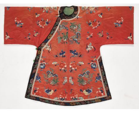 A SCARLET-RED SILK GAUZE INFORMAL SUMMER ROBE, LATE QING DYNASTYChina, circa 1900. Finely embroidered in Beijing knot and sat