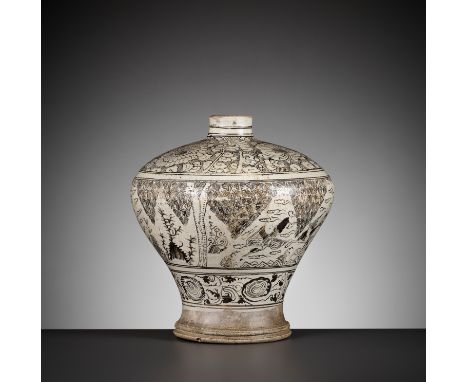 A CIZHOU PAINTED MEIPING, MING DYNASTYChina, 1368-1644. Heavily potted, rising from a waisted foot to a high sloping shoulder