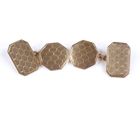 A pair of 9ct gold engine turned cufflinks, maker's marks L W and G, rectangular panel height 16.5mm, 4.3g 