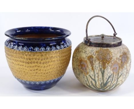 A Victorian Doulton Burslem ceramic biscuit barrel with electroplate mounts, US patent marks, relief moulded floral decoratio