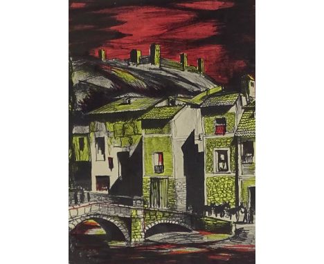 Laurie, colour lithograph, hilltop castle, 1954, signed and numbered in pencil, image size 13" x 9", framed 