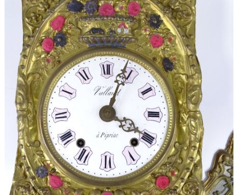 A 19th century French gilt-brass cased wall hanging comtoise clock, with enamel dial signed Vallaud of Pipriac, matching orna