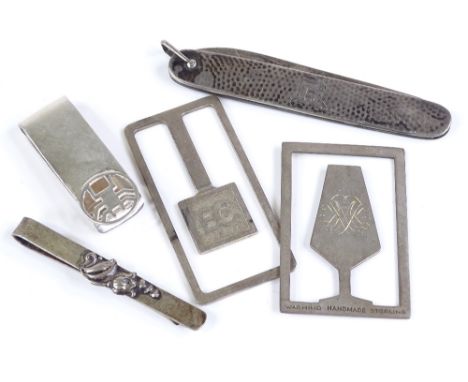 3 sterling silver money clips, a silver-cased penknife, and a silver tie clip (5) 