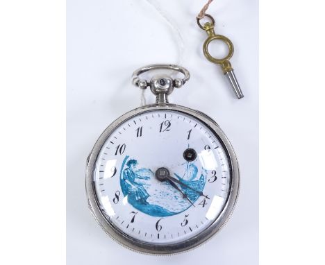 A silver-cased open-face key-wind Verge pocket watch, by Berthoud of Paris, movement no. 25294, with painted harbour scene, c