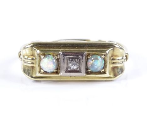 A 14ct gold 3-stone opal and diamond dress ring, setting height 7mm, size O, 2.7g 