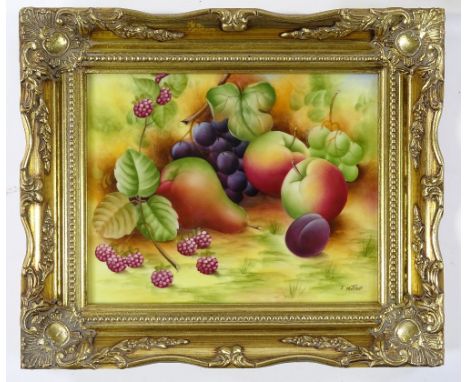 Jay Mottram (ex Royal Worcester artist), a pair of painted porcelain plaques, still life studies of fruit, modern gilt frames