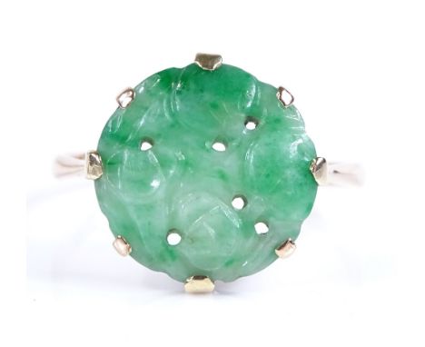 A 9ct gold carved jade panel ring, setting height 14.2mm, size R, 2.2g 