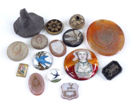 Various hardstone seals, Essex crystal panels and painted enamel portrait (15) 
