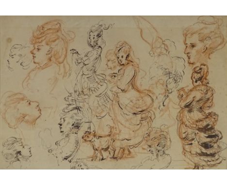 A sheet of ink and red chalk sketches, portrait studies, circa 1760, unsigned, 10" x 14", framed 