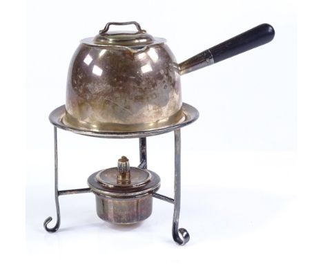 A small silver brandy warmer on burner stand, with turned ebony handle, overall height 13cm 