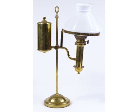 A Victorian student's adjustable brass oil lamp, with milk glass shade 