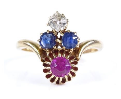 An 18ct gold ruby, sapphire and diamond ring, unmarked settings test as 18ct, setting height 16.1mm, size P, 4.3g 