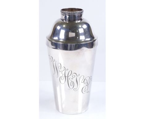 A Tiffany &amp; Co silver plated cocktail shaker, with sliding measure lid, height 19cm 