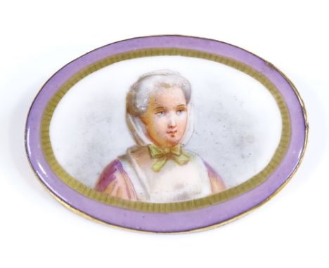 A large Victorian oval miniature painted brooch, depicting an elderly lady on a ceramic panel, in unmarked yellow metal frame