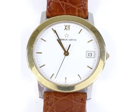 An Eterna-Matic Automatic wristwatch, stainless steel and gold plated case, with white enamel dial and date aperture, model n