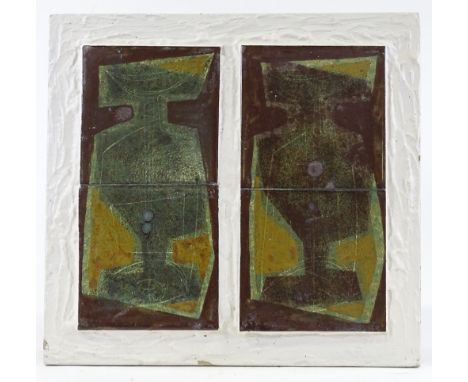 Kenneth Townsend, set of 4 ceramic tiles "2 bottles", mounted in painted frame, overall dimensions 15" x 15.5" 
