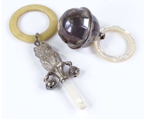 2 1920s / 30s silver-mounted baby's bell rattles, 1 modelled as a cat with ivory ring teether, length 15cm (2) 