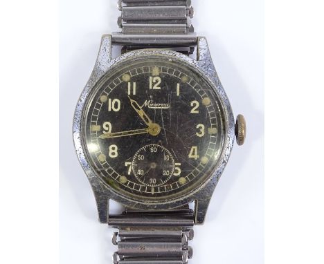 A Vintage Minerva Second War Period mechanical wristwatch, steel case with black dial, luminous hour markers and subsidiary s