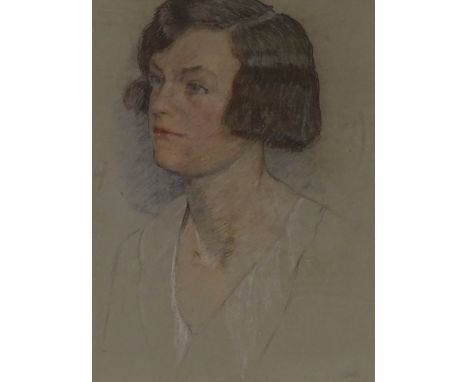 Early 20th century crayon / charcoal on grey paper, portrait of a young woman, indistinctly signed, dated 1925, 14" x 10.5", 