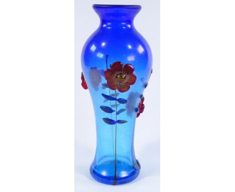 A Murano Art Nouveau style blue glass vase, with moulded relief applied floral designs, signed J Voutt Fracus, height 38cm 