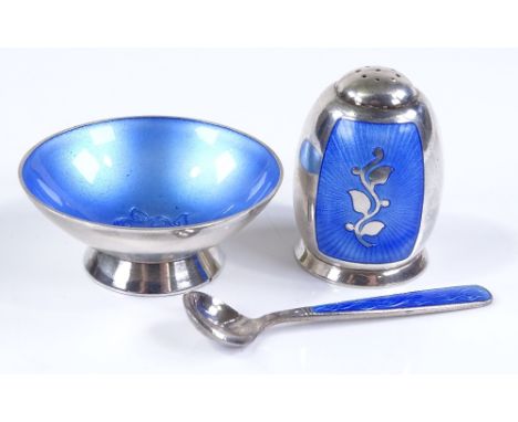 A Danish sterling silver and blue enamel cruet set 