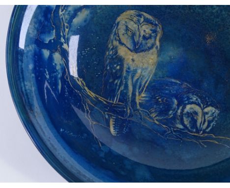 A Royal Worcester Sabrina pottery bowl, with gilded owl designs, signed K H Austin, serial no. 2769, diameter 28cm 
