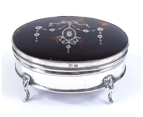 An Edwardian oval silver and tortoiseshell picquet inlaid jewel box, by E S Barnsley &amp; Co, hallmarks Birmingham 1914, hei