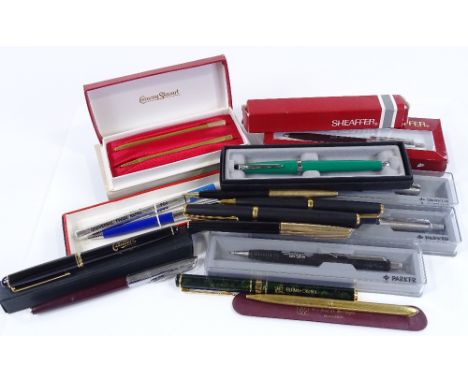 A collection of pens, including Vintage Waterman Parker, boxed Sheaffer advertising Broadmoor Hospital, Cross and Conway Stew