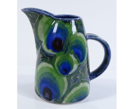 A Dart Pottery peacock design jug, by Clare Woodhall and Janice Tchalenko, height 18cm 