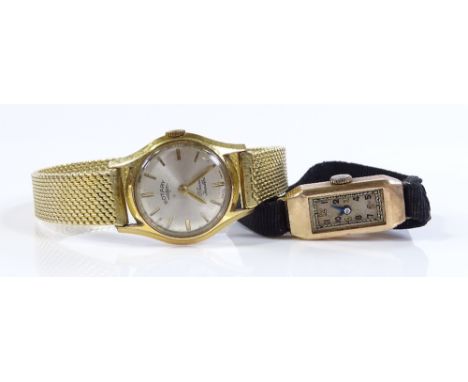 A lady's Vintage 9ct gold Mechanical wristwatch, case width 11mm, working order (no crystal), together with a lady's gold pla