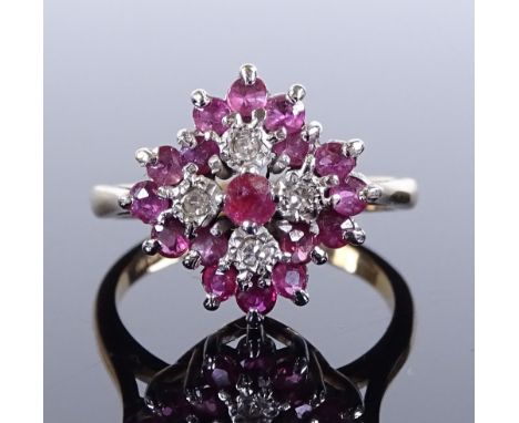 A 9ct gold ruby and diamond cluster ring, setting height 13.4mm, size J, 3g 