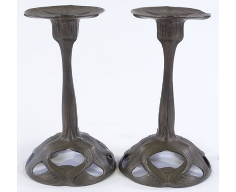 A pair of Orivit Art Nouveau pewter candlesticks, height 18cm