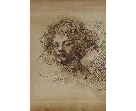 Old Master style ink and wash on paper, Classical portrait, indistinctly signed, 11" x 7.5", framed 