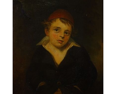 19th century oil on canvas, portrait of a young boy wearing a red cap, unsigned, 16" x 12", framed 