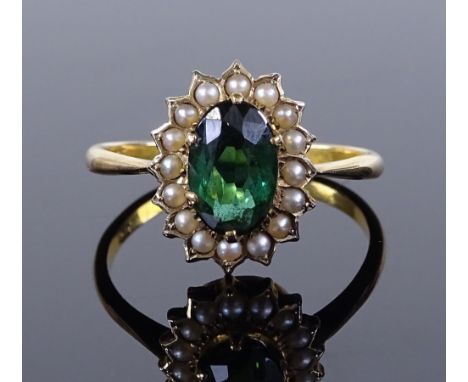 A 9ct gold green-stone and seed pearl cluster ring, green stone probably chrysoprase, setting height 7.8mm, size R, 3.6g 