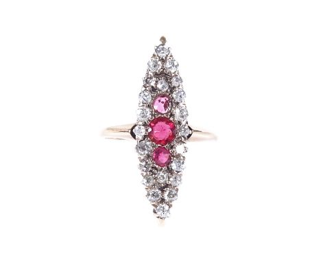 An Edwardian ruby and diamond marquise-shaped ring, settings probably 18ct gold, setting height 20.7mm, size J, 2.6g 