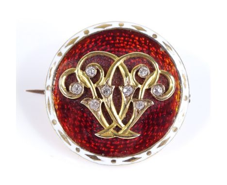 An Antique unmarked gold diamond and 2-colour enamel brooch, with crystal panel back, diameter 22.3mm, 8.2g 