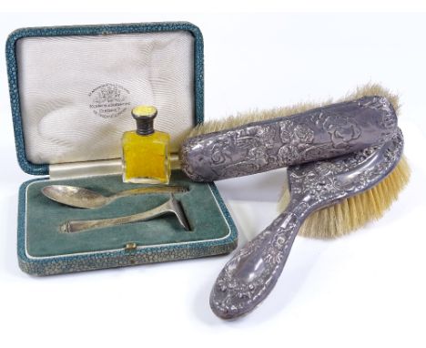 An Art Deco silver baby's spoon and pusher set, by Goldsmiths &amp; Silversmiths Co, a silver and yellow enamel-topped scent 