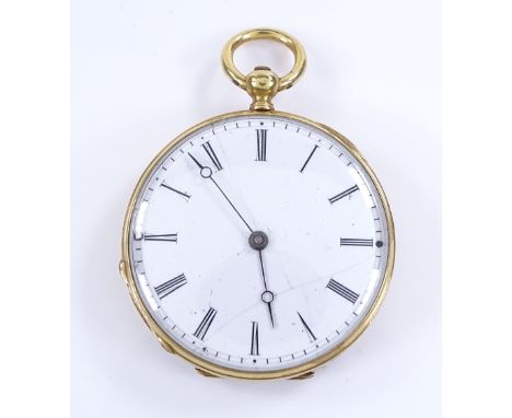 A Swiss unmarked gold open-face key-wind fob watch, with engine turned case and white enamel dial, case no. 9308, case width 