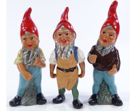 3 Vintage Heissner hand painted terracotta gnomes, circa 1960s, with original labels, height 22cm 