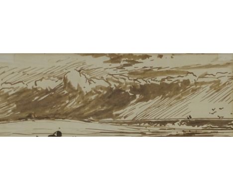 W R Beverley (1824 - 1889), pen and ink sketch, landscape study, 3" x 7.5", framed 