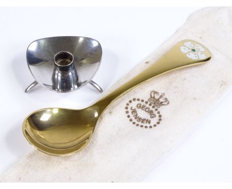 A Georg Jensen Danish sterling silver gilt spoon, with enamel cherry blossom handle, with dust bag and papers, together with 